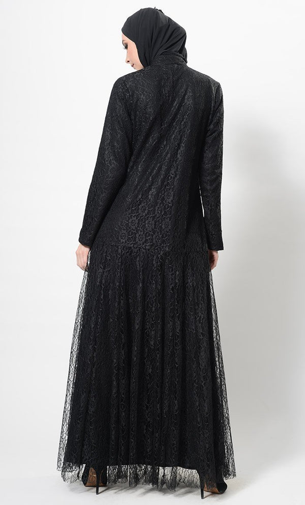 Beautiful Net Detail Modest Wear Abaya Dress And Hijab Set - EastEssence.com
