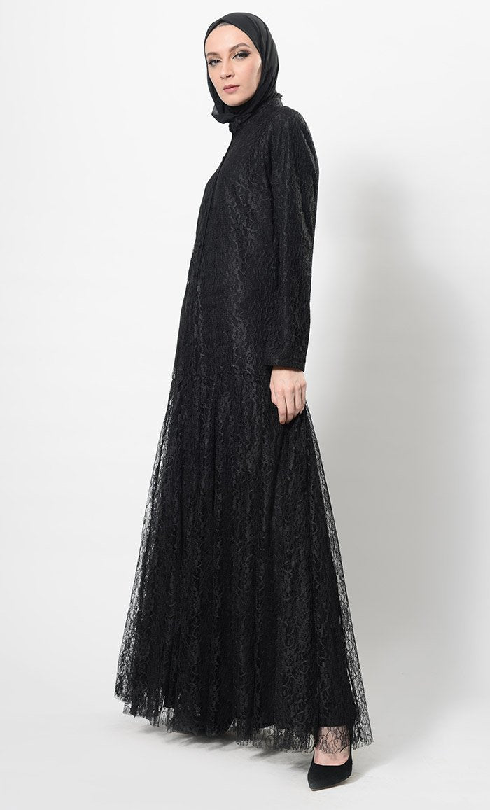 Beautiful Net Detail Modest Wear Abaya Dress And Hijab Set - EastEssence.com