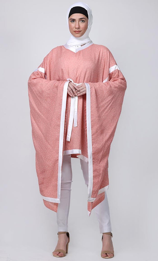 Beautiful Peach Kaftan Style Printed Tunic With Loose Belt - EastEssence.com