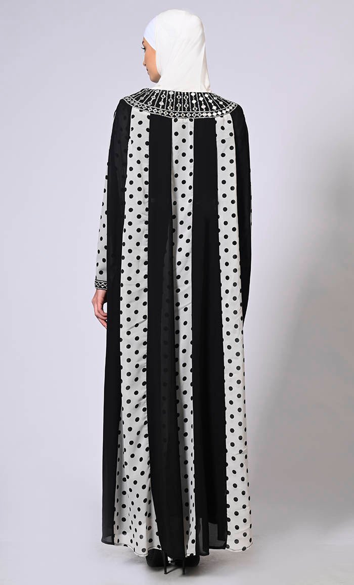 Beautiful Polka Dots Kaftan Abaya With Mirror Work Embroidery and Belt - EastEssence.com