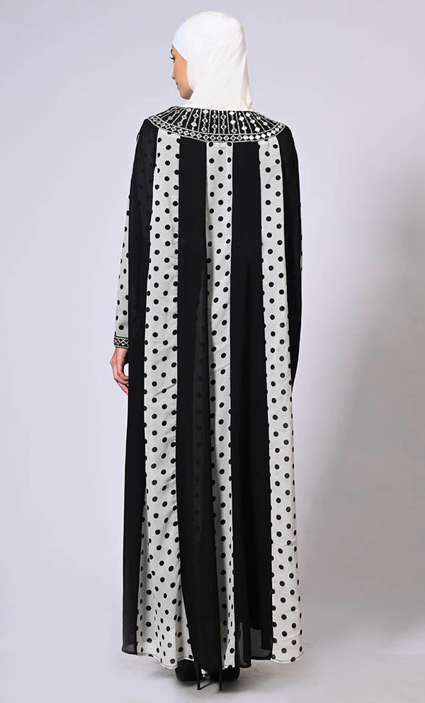 Beautiful Polka Dots Kaftan Abaya With Mirror Work Embroidery and Belt - EastEssence.com