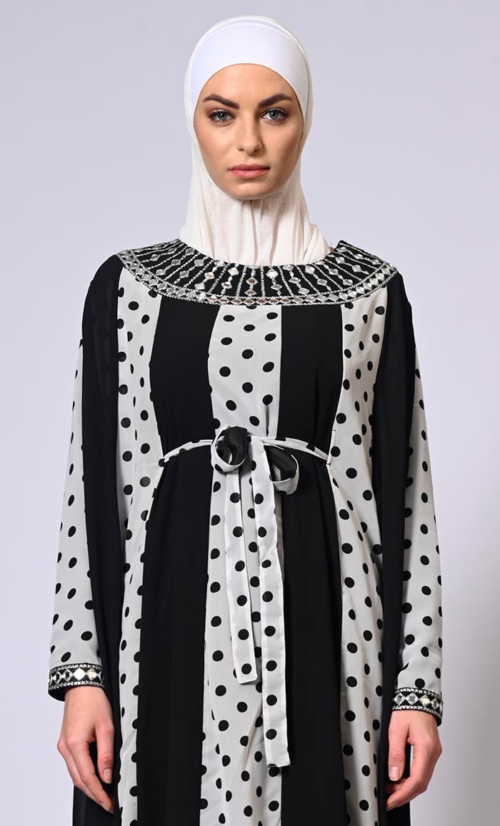 Beautiful Polka Dots Kaftan Abaya With Mirror Work Embroidery and Belt - EastEssence.com
