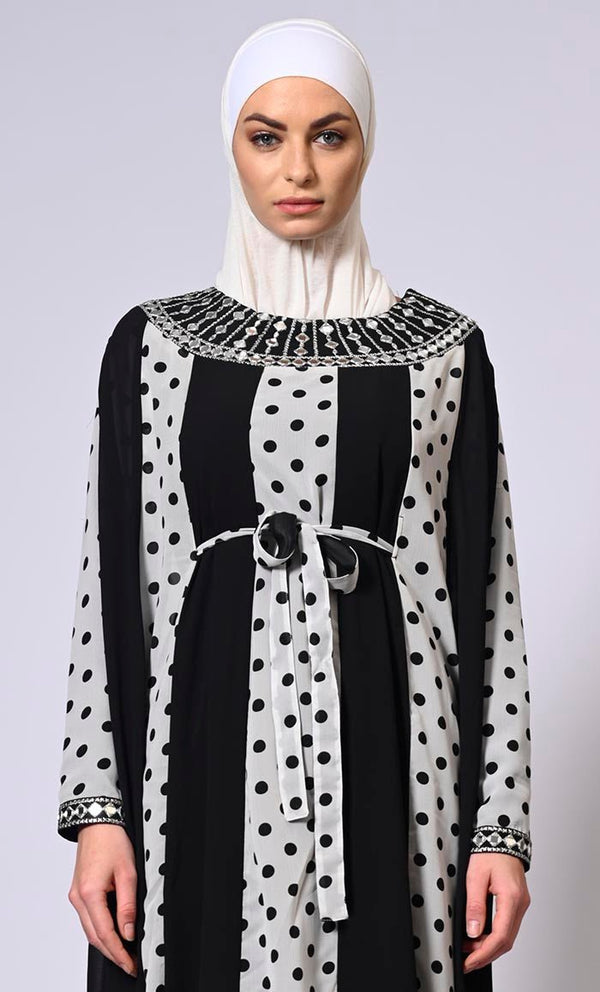 Beautiful Polka Dots Kaftan Abaya With Mirror Work Embroidery and Belt - EastEssence.com