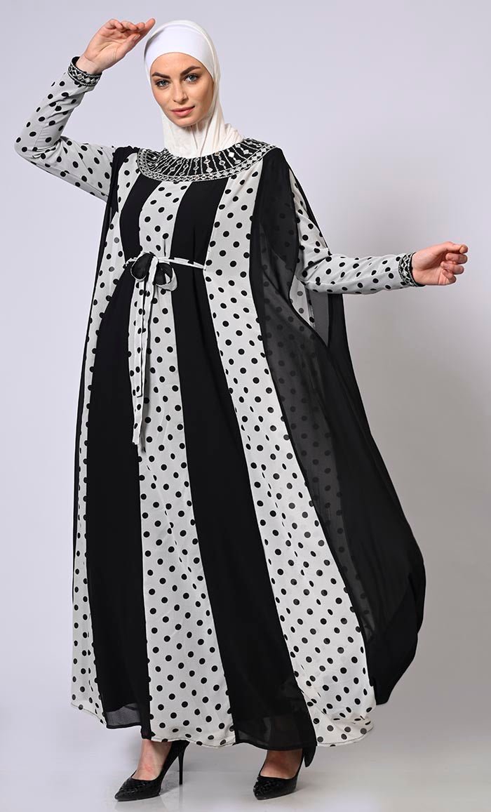 Beautiful Polka Dots Kaftan Abaya With Mirror Work Embroidery and Belt - EastEssence.com