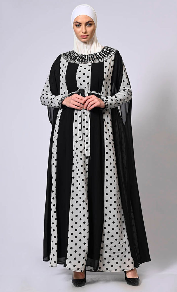 Beautiful Polka Dots Kaftan Abaya With Mirror Work Embroidery and Belt - EastEssence.com