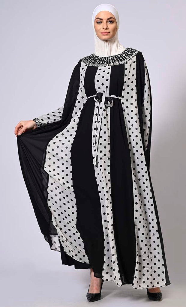 Beautiful Polka Dots Kaftan Abaya With Mirror Work Embroidery and Belt - EastEssence.com