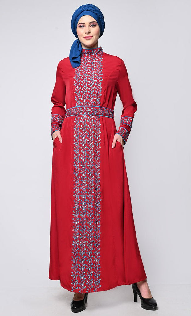 Beautiful Red Contrasted Embellished Stones Work In Front Pannel And On Sleeves Abaya With Embellished Stones Belt - EastEssence.com