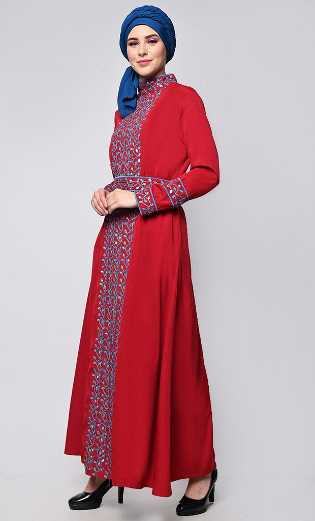 Beautiful Red Contrasted Embellished Stones Work In Front Pannel And On Sleeves Abaya With Embellished Stones Belt - EastEssence.com