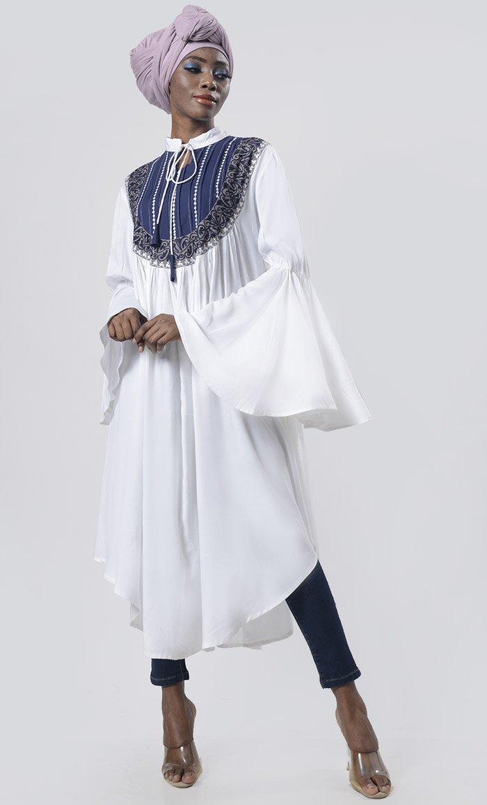 Beautiful White Front Yoke Detailing Long Tunic