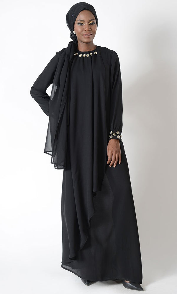 Bejeweled floral motifs elegant abaya dress - EastEssence.com