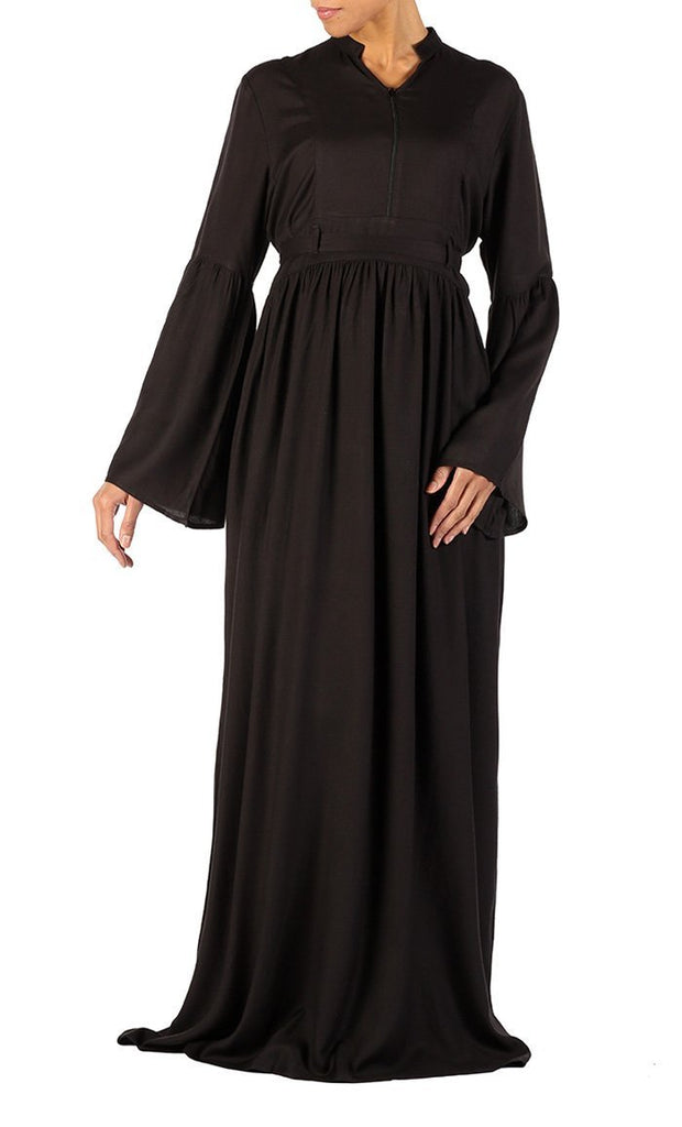 Bell sleeves and front zipper flared abaya dress - EastEssence.com