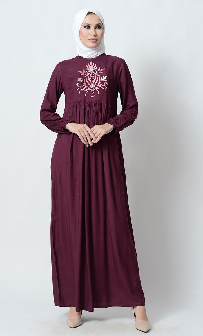 Big Floral Motif Embroidered Rayon Abaya Dress - EastEssence.com