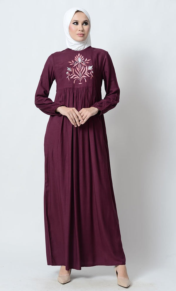Big Floral Motif Embroidered Rayon Abaya Dress - EastEssence.com