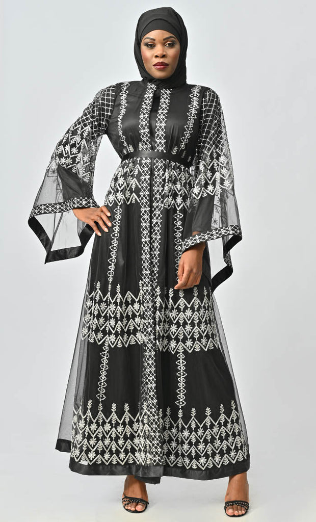 Black All Over Aari And Hand Work Embellished Abaya Designer Dress With Matching Hijab And Inner - EastEssence.com