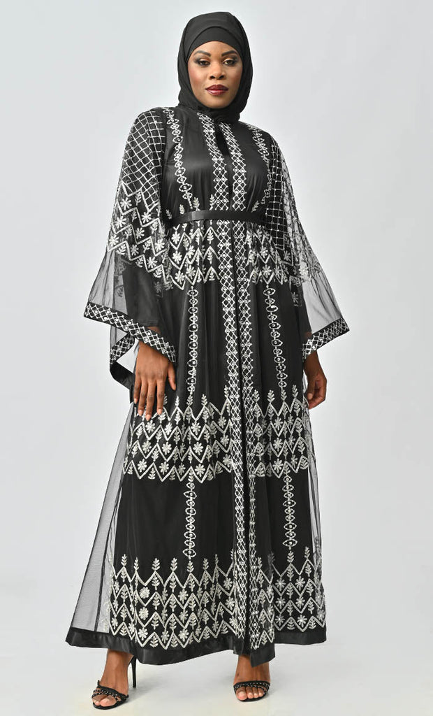 Black All Over Aari And Hand Work Embellished Abaya Designer Dress With Matching Hijab And Inner - EastEssence.com
