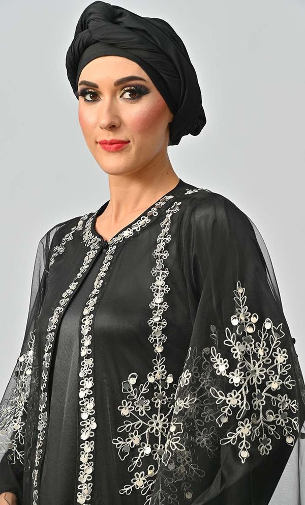 Black All Over Silver Aari And Hand Work Embellished Abaya Designer Dress With Matching Hijab And Inner - EastEssence.com