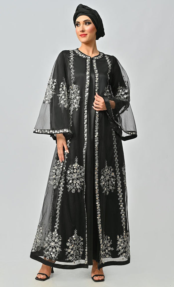 Black All Over Silver Aari And Hand Work Embellished Abaya Designer Dress With Matching Hijab And Inner - EastEssence.com