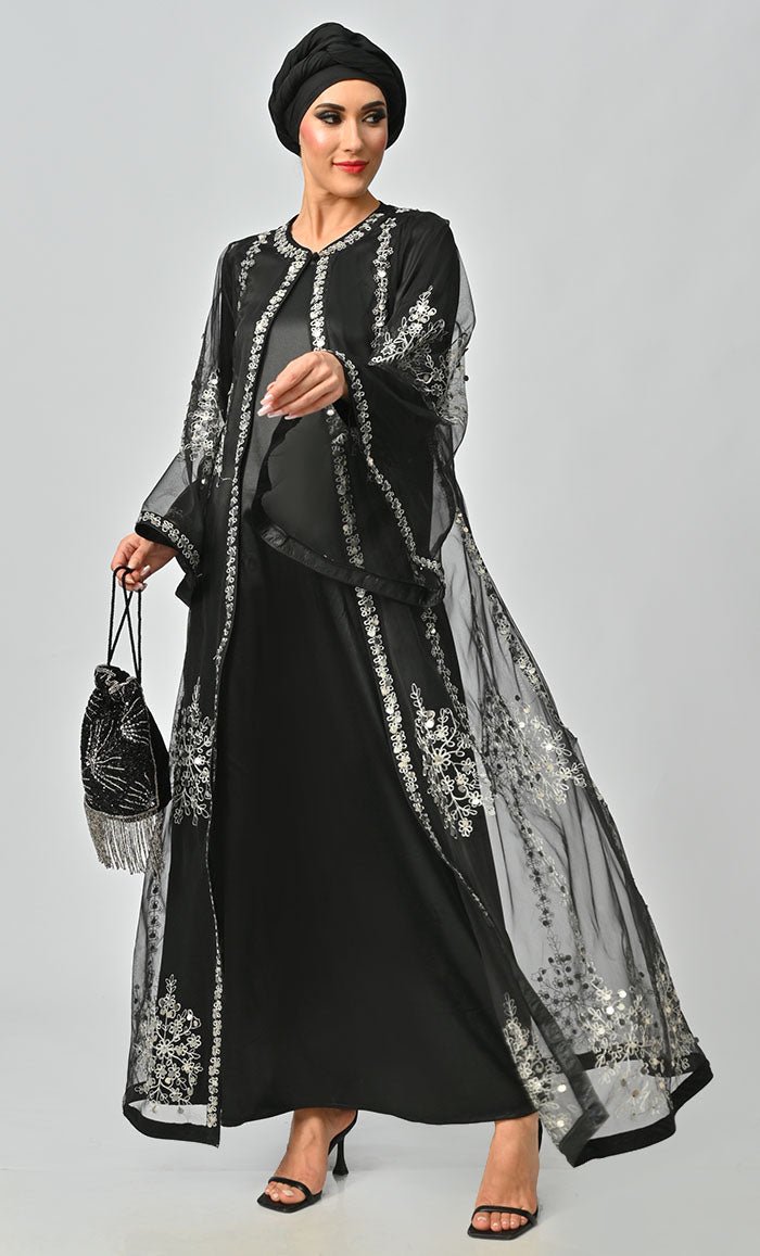 black dress with silver embroidery Black blazer gown with waterfall sleeve & metallic silver embroidery