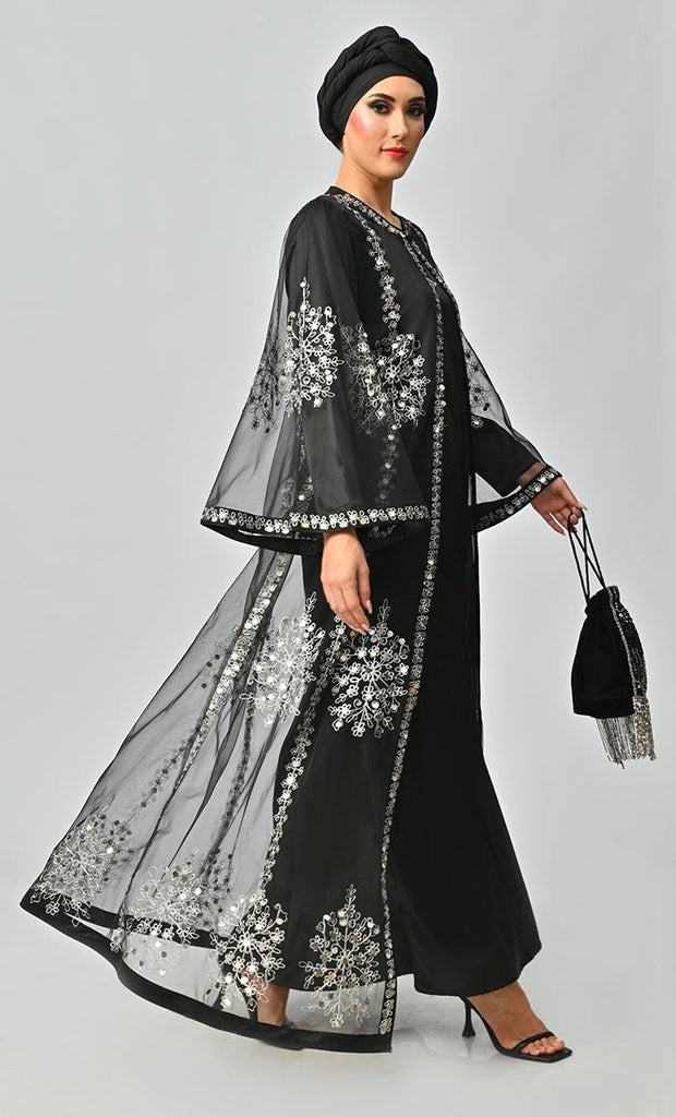 Black All Over Silver Aari And Hand Work Embellished Abaya Designer Dress With Matching Hijab And Inner - EastEssence.com