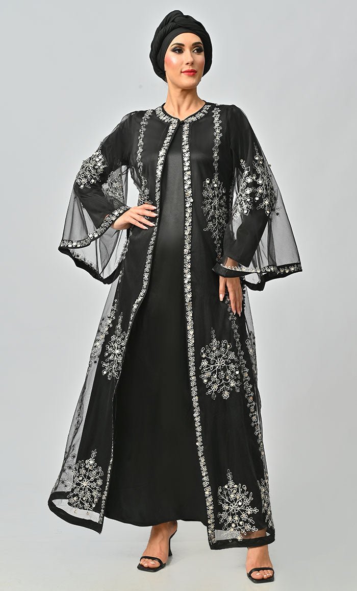 Black All Over Silver Aari And Hand Work Embellished Abaya Designer Dress With Matching Hijab And Inner - EastEssence.com