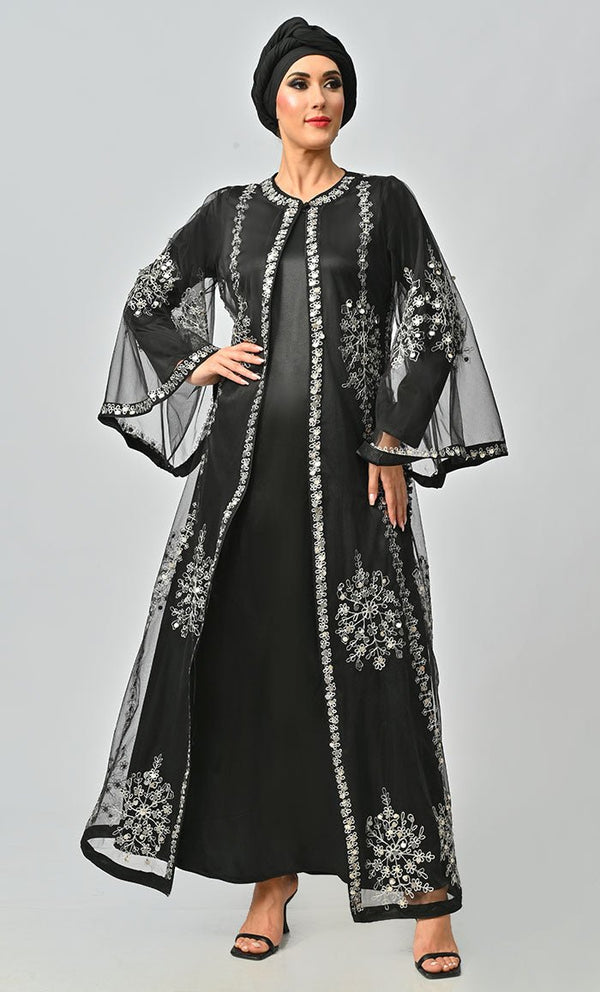 Black All Over Silver Aari And Hand Work Embellished Abaya Designer Dress With Matching Hijab And Inner - EastEssence.com