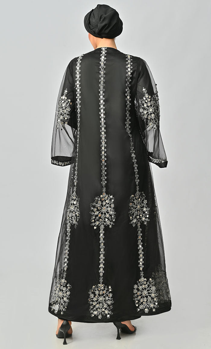 Black All Over Silver Aari And Hand Work Embellished Abaya Designer Dress With Matching Hijab And Inner - EastEssence.com