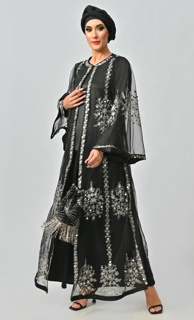 Black All Over Silver Aari And Hand Work Embellished Abaya Designer Dress With Matching Hijab And Inner - EastEssence.com