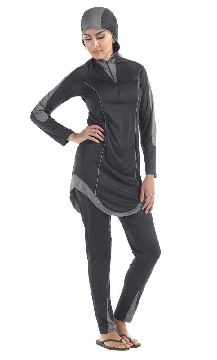 Black And Grey Curve Hem Swimwear Burkini Two Piece Set-Final Sale - EastEssence.com
