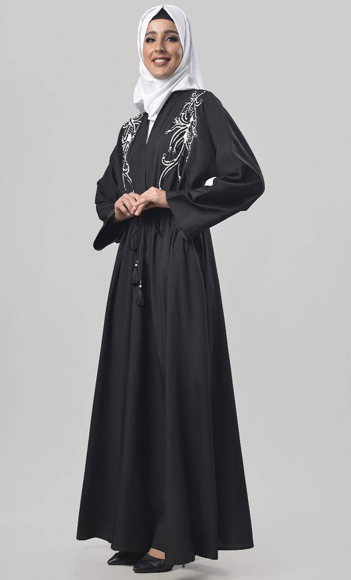 Black Beads And Dori Work Intricate Detailing Abaya - EastEssence.com