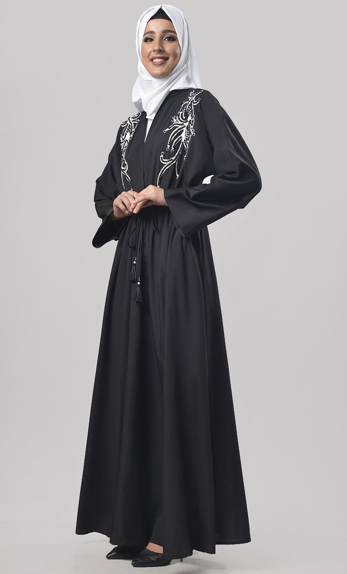 Black Beads And Dori Work Intricate Detailing Abaya - EastEssence.com