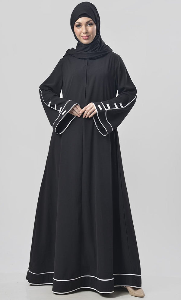 Black Contrast Color Piping Detailing Abaya - EastEssence.com