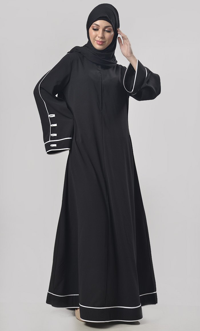 Black Contrast Color Piping Detailing Abaya - EastEssence.com