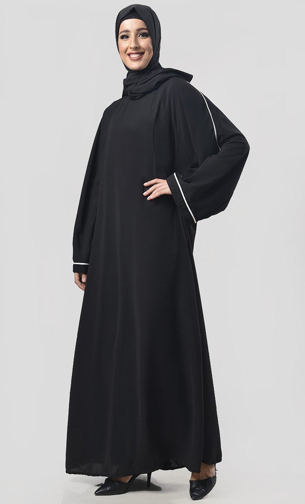 Black Contrast Color Piping Detailing Abaya - EastEssence.com