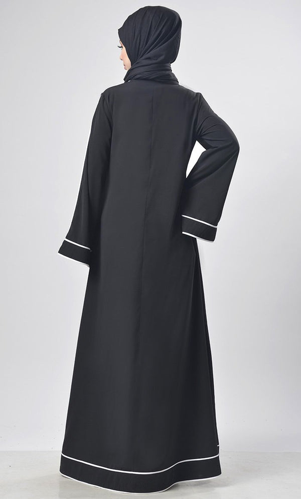 Black Contrast Color Piping Detailing Abaya - EastEssence.com