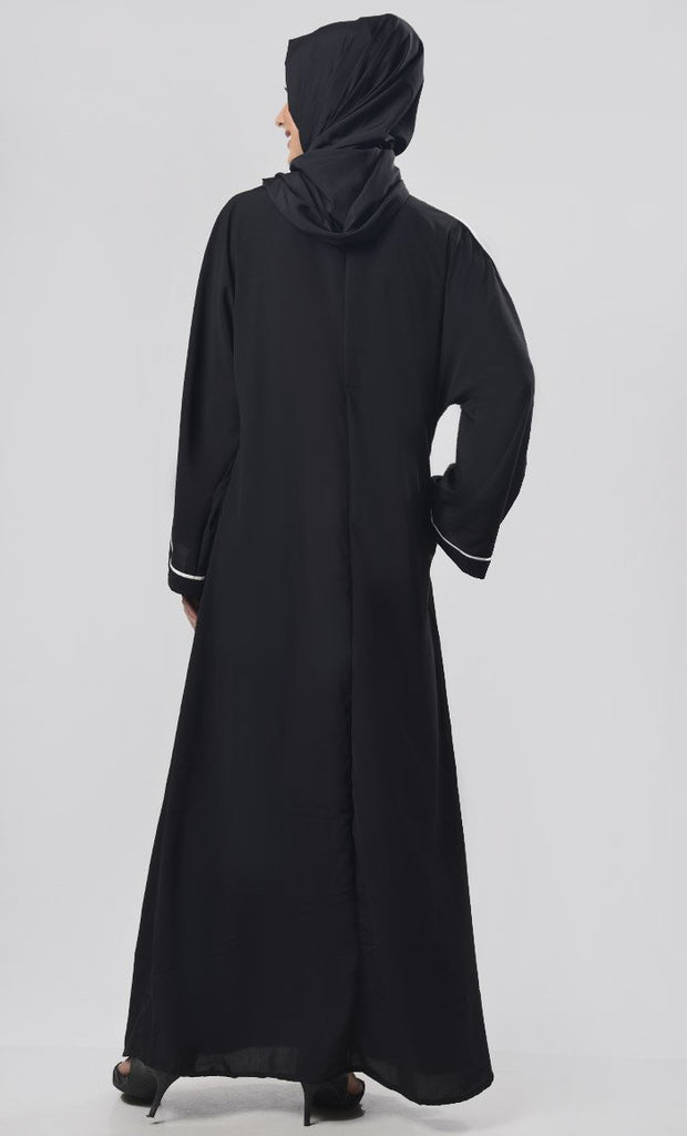 Black Contrast Color Piping Detailing Abaya - EastEssence.com