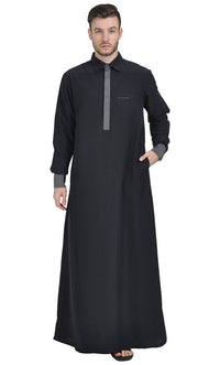 Black Dishdasha With Grey Accent Placket