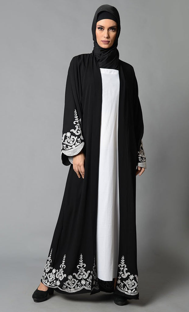 Black Embroidered Moss Crepe Bisht - EastEssence.com