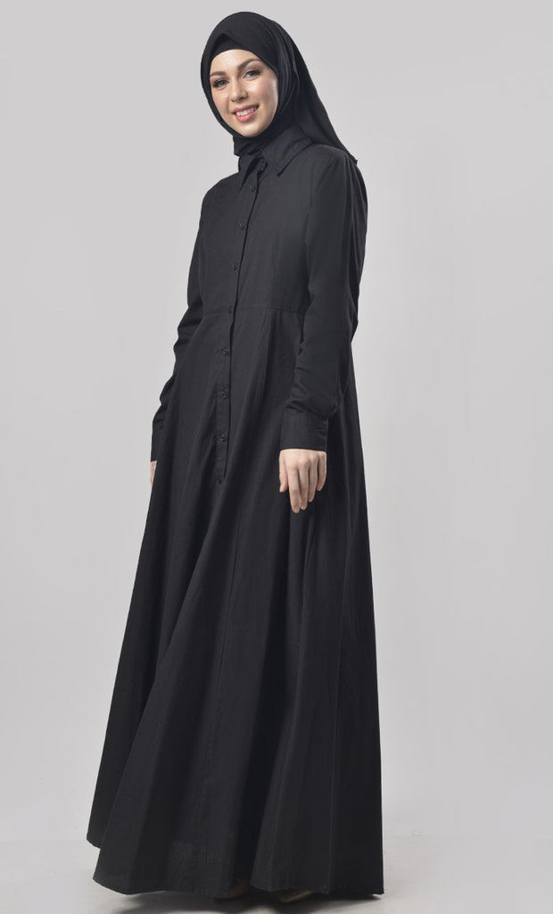 Black Flared Front Open Button Down Abaya