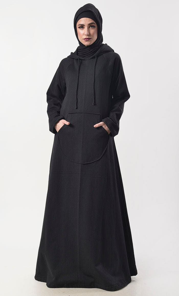 Black Fleece Warm Hooded Abaya with Pockets