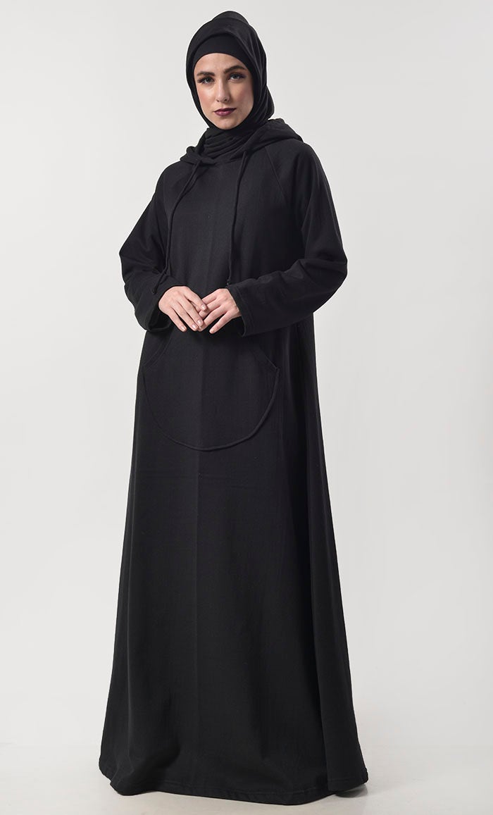 Black Fleece Warm Hoody Abaya With Pockets - EastEssence.com
