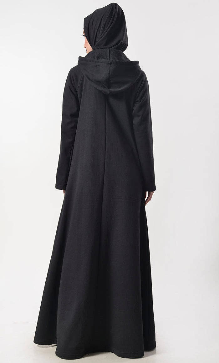 Black Fleece Warm Hoody Abaya With Pockets - EastEssence.com