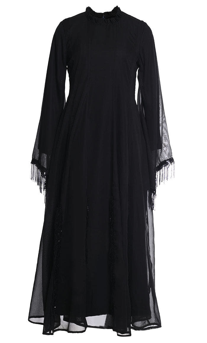 Abaya complexe en dentelle à franges noires