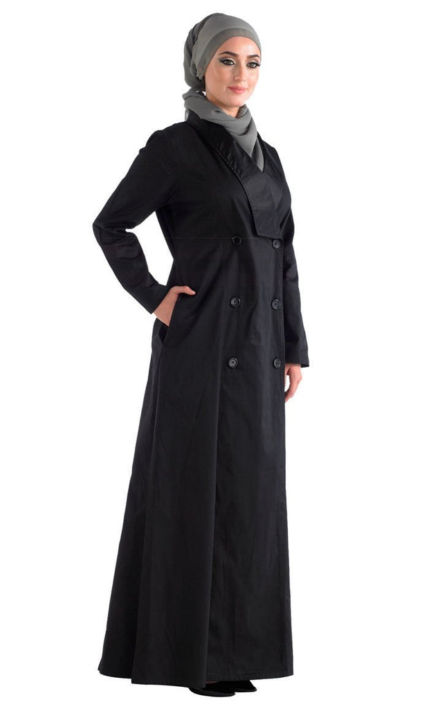 Black front open jilbab with a Trench Coat Collar - EastEssence.com