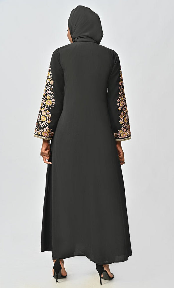 Black Islamic Designer Nida Machine And Hand Embroidered Abaya - EastEssence.com