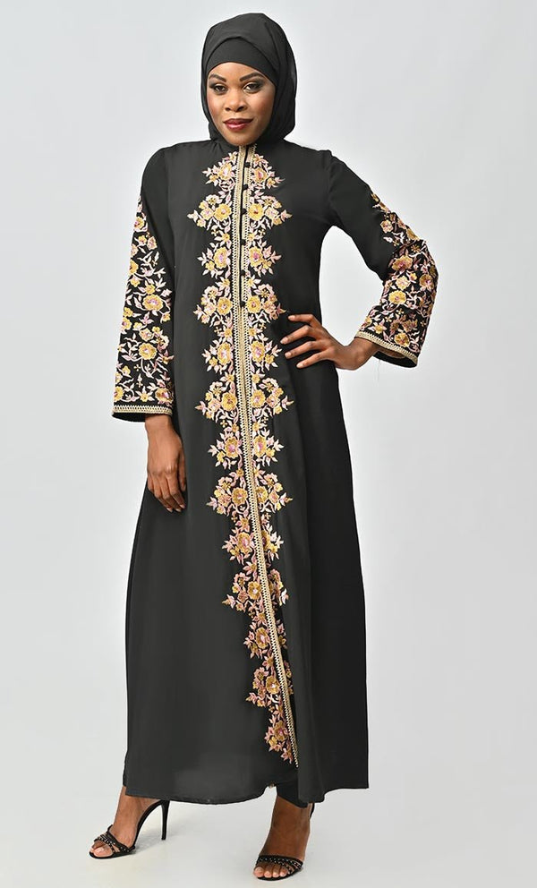 Black Islamic Designer Nida Machine And Hand Embroidered Abaya - EastEssence.com