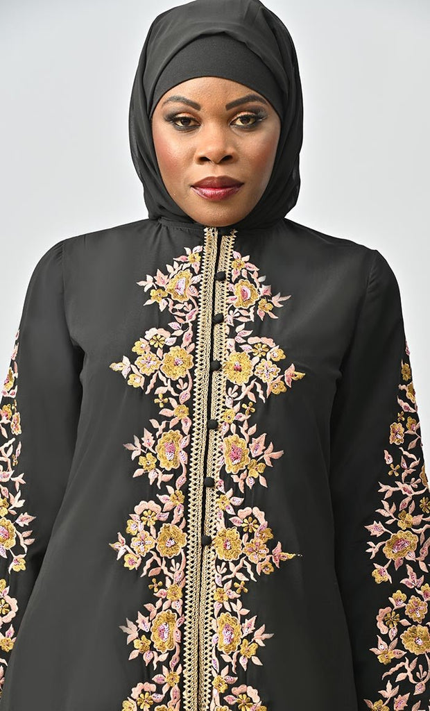 Black Islamic Designer Nida Machine And Hand Embroidered Abaya - EastEssence.com