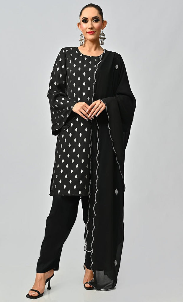 Black Islamic Lurex Fabric Salwar Suit With Machine Work Duppata - EastEssence.com