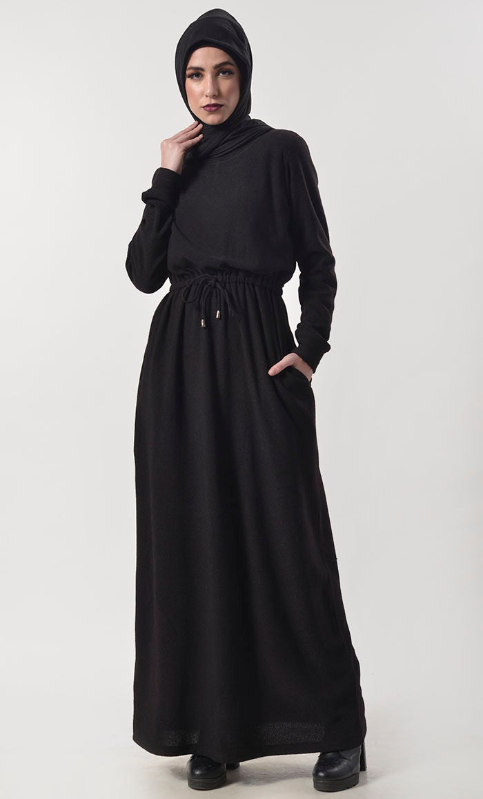 Black Jersey Drawstring Attached Abaya - EastEssence.com