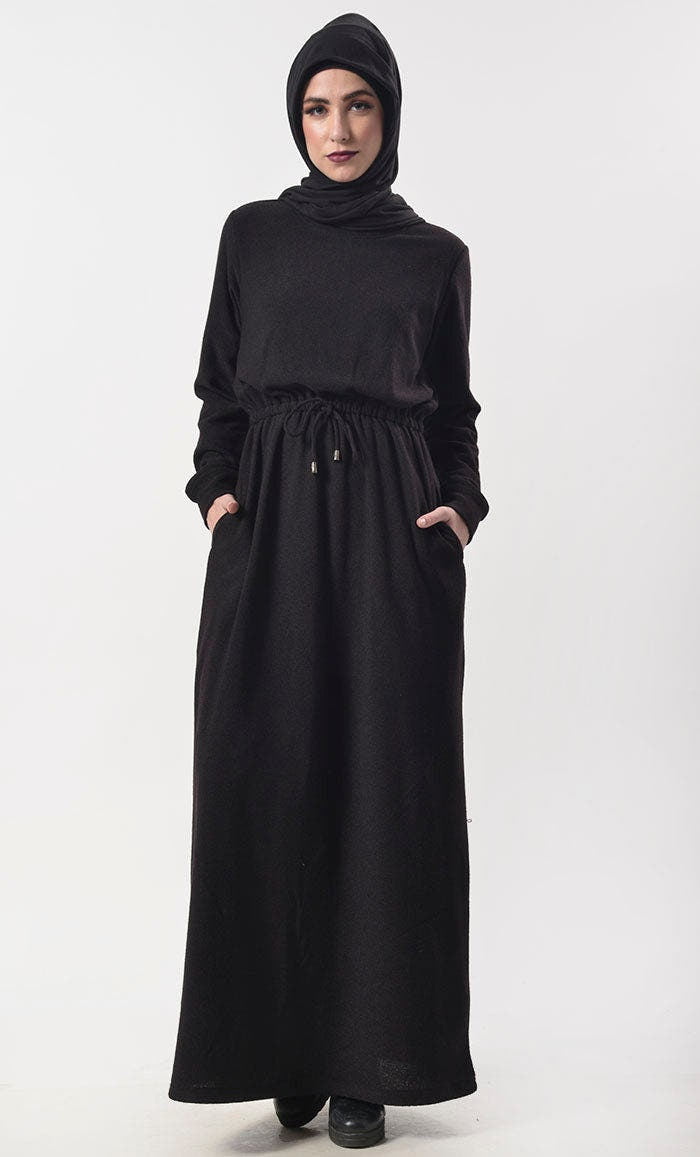Black Jersey Drawstring Attached Abaya