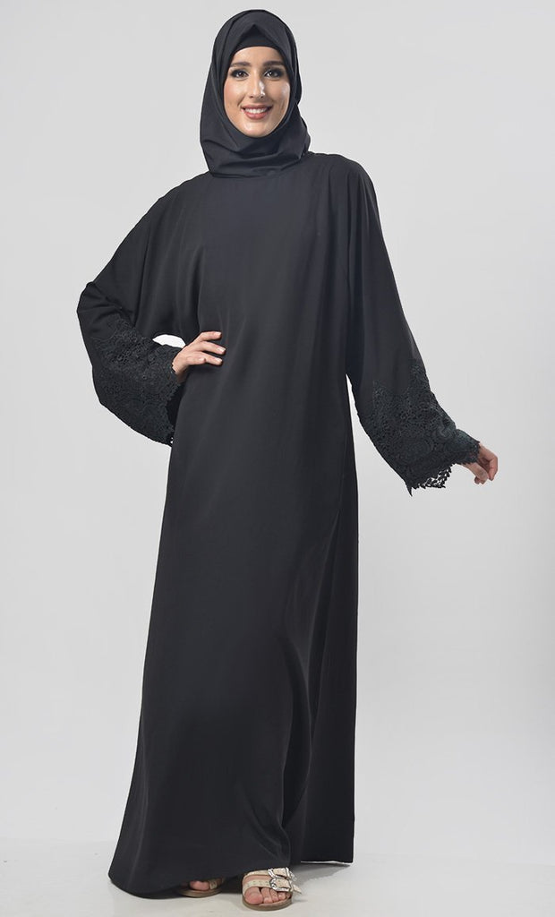 Black Lace Detailing On Sleeves Abaya - EastEssence.com